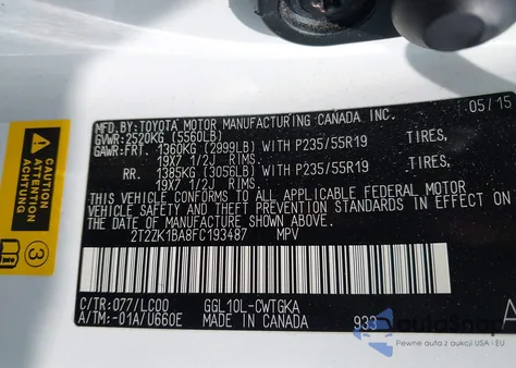 2015 Lexus Rx 350 from USA, damaged, VIN 2T2ZK1BA8FC193487